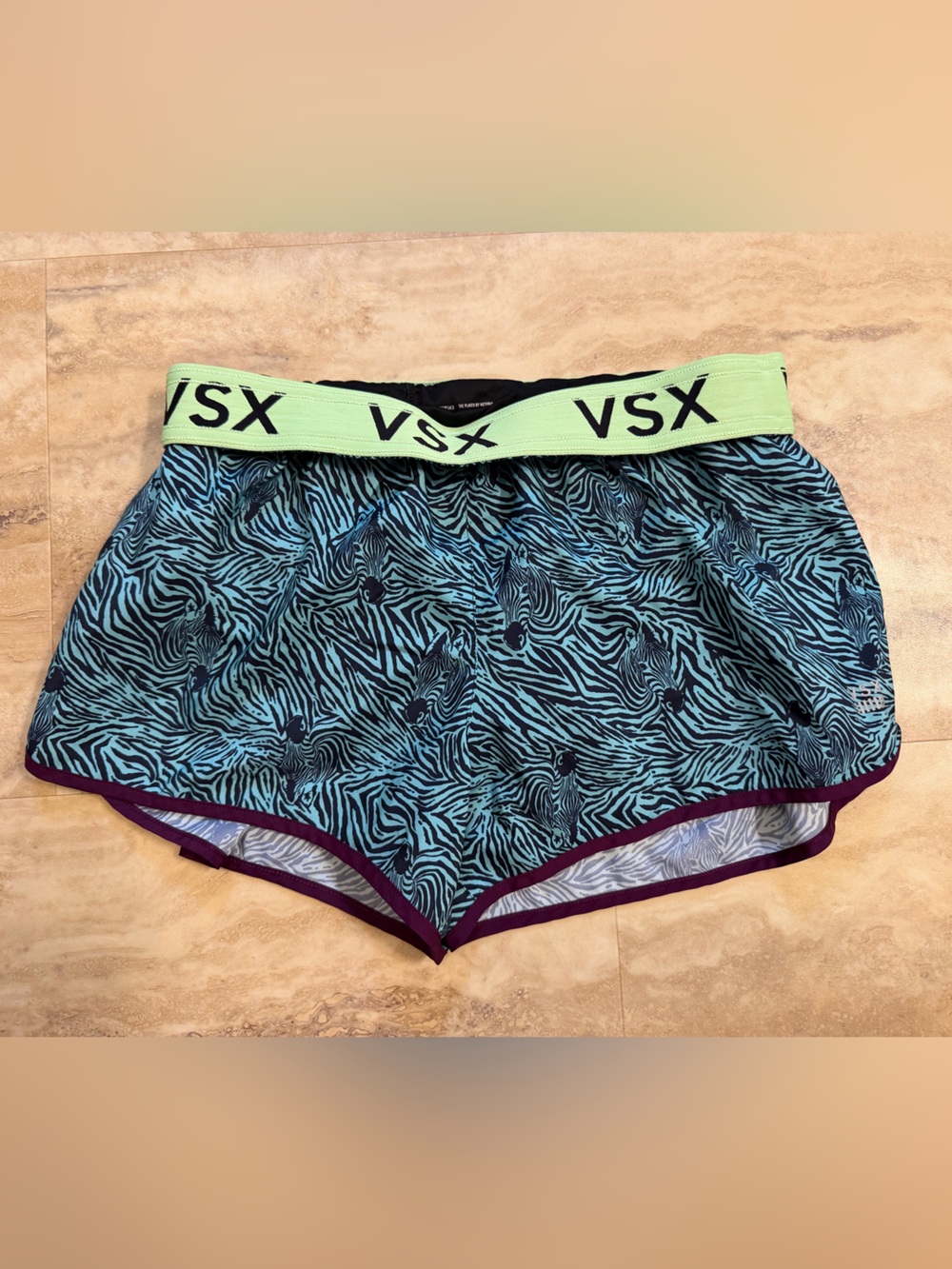 Victoria's Secret VSX Aqua Zebra Print Athletic Shorts with Lime Waistband
